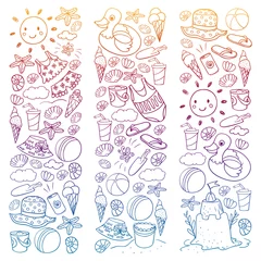 Tafelkleed Vector set of beach icons for summer posters, banners. Sea, ocean vacations. Kids drawing style. © rudut2015