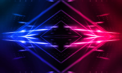 Empty stage, blue and pink, purple  neon, abstract background. Rays of searchlights, light, abstract tunnel, corridor.