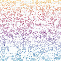 Vector set of beach icons for summer posters, banners. Sea, ocean vacations. Kids drawing style.
