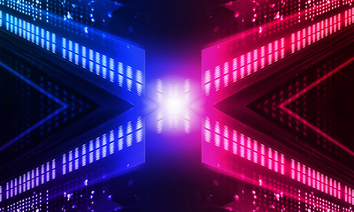 Empty stage, blue and pink, purple  neon, abstract background. Rays of searchlights, light, abstract tunnel, corridor.