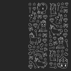 Children pattern with fairy tale unicors for kids clothes, posters, banners, shirts. Vector image with cartoon character.