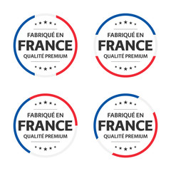Set of four French icons, French title Made in France, premium quality stickers and symbols with stars, simple vector illustration isolated on white background
