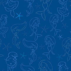 Vector Blue Mermaid Friends Seamless Pattern Background.