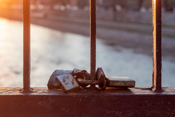 Rusty Padlocks Locked in a Bundle on Bridge Above The River