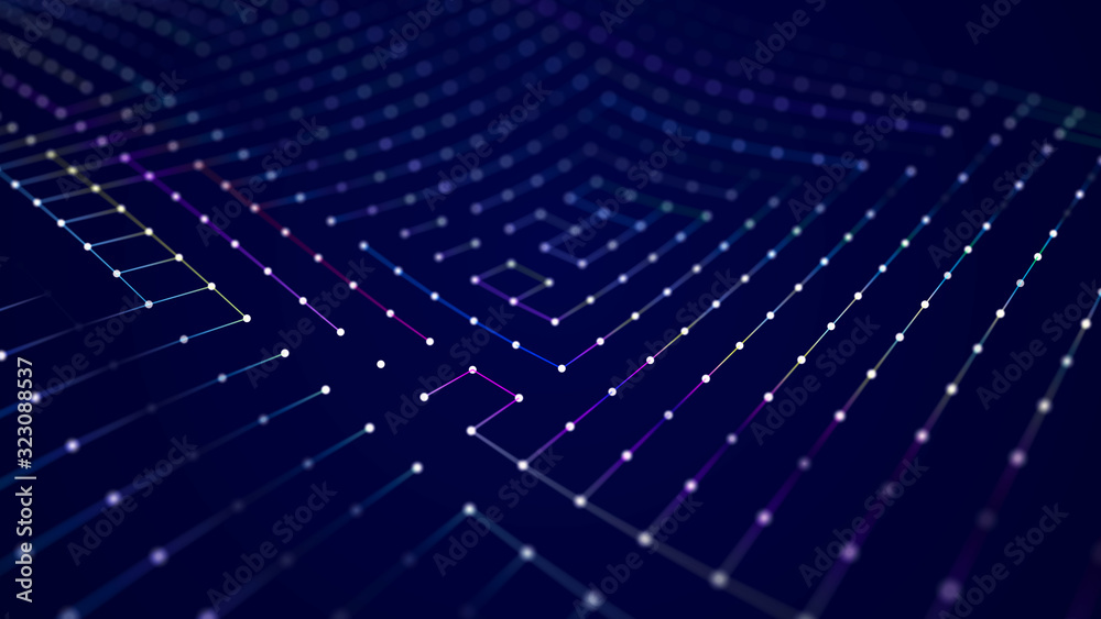 Poster Futuristic abstract mesh. Wave with the connection of dots and lines. 3D rendering.