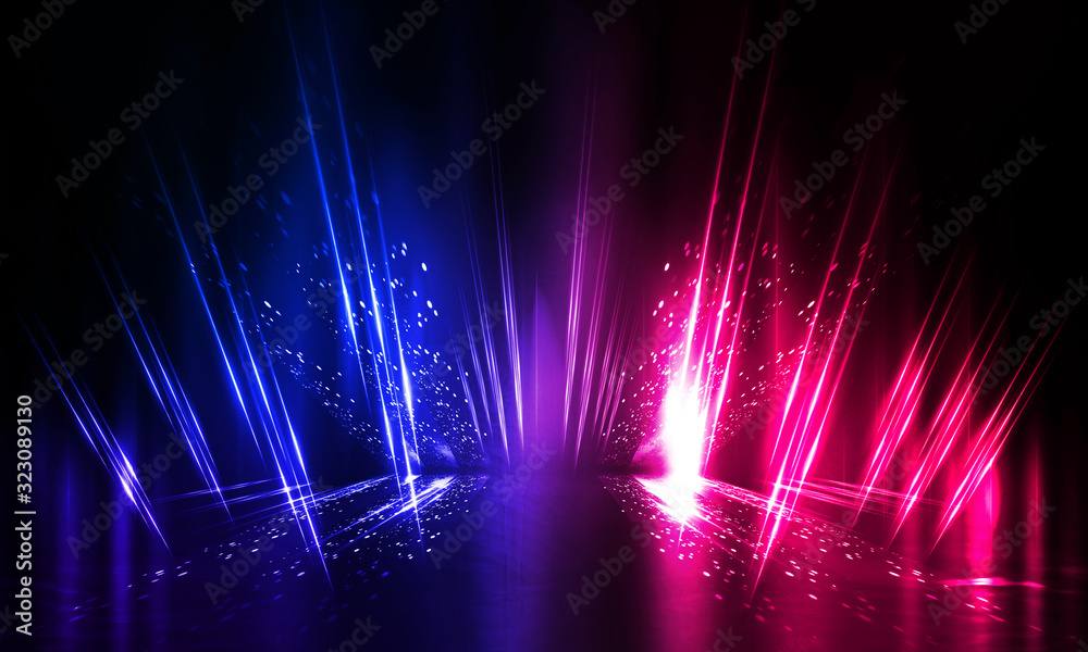 Wall mural background of empty show scene. empty dark modern abstract neon background. glow of neon lights on a