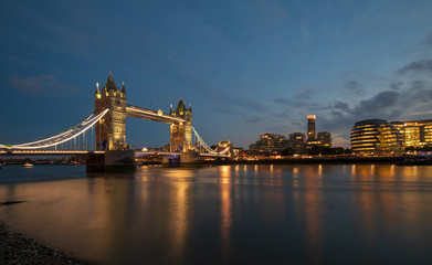 London skyline and tower bridge at twilight