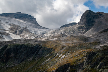 A view of the remnants of the glacier on a sunny day in the Austrian Alps