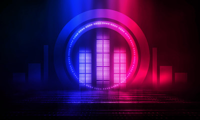 Background of empty show scene. Empty dark modern abstract neon background. Glow of neon lights on...