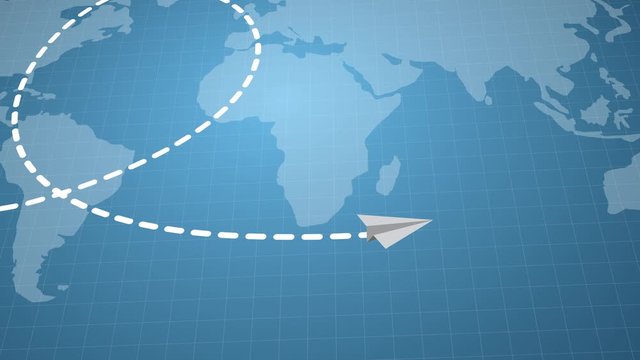 Paper airplanes flying over a sky with clouds and takeoff. Stop motion animation. 4k.paper plane flies on a world map background. Motion graphics