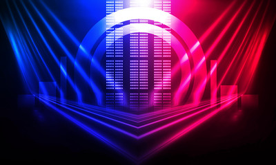 Background of empty show scene. Empty dark modern abstract neon background. Glow of neon lights on...