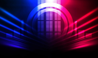Background of empty show scene. Empty dark modern abstract neon background. Glow of neon lights on...