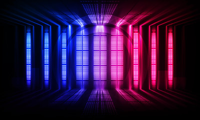 Background of empty show scene. Empty dark modern abstract neon background. Glow of neon lights on...