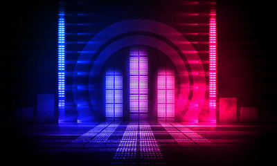 Background of empty show scene. Empty dark modern abstract neon background. Glow of neon lights on...