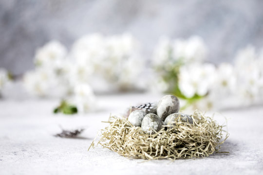 Easter Composition Quail Eggs In The Nest