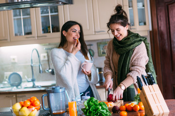 Two beautiful cheerful female friends cook together.