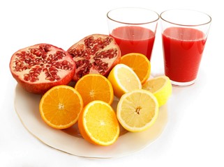 tropical fruits and juice  close up