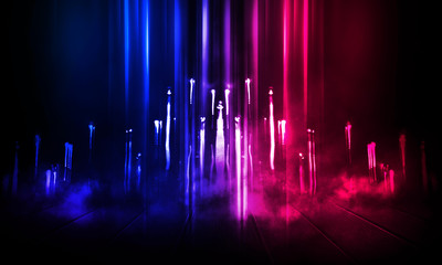 Wet asphalt, reflection of neon lights, a searchlight, smoke. Red and blue neon light. Abstract light in a dark empty street with smoke, smog. Dark background scene of empty street, night view, night 