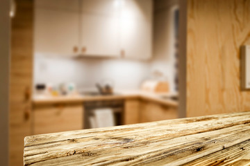 Desk of free space and kitchen interior 