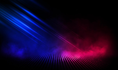 Wet asphalt, reflection of neon lights, a searchlight, smoke. Red and blue neon light. Abstract light in a dark empty street with smoke, smog. Dark background scene of empty street, night view, night 