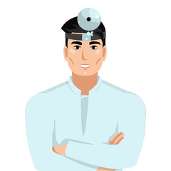 Young male doctor. Portrait of a physician otolaryngologist (ENT) with a medical mirror in a white medical hutal. Vector illustration