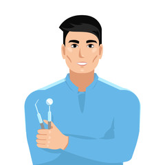 Dentist doctor with dental tools in his hand. Portrait in a blue medical gown. isolated Vector illustration
