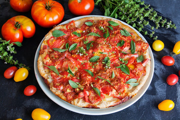 Appetizing pizza with tomatoes on a dark background