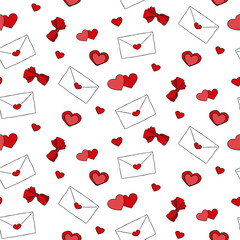 Seamless pattern with hearts and love letters.