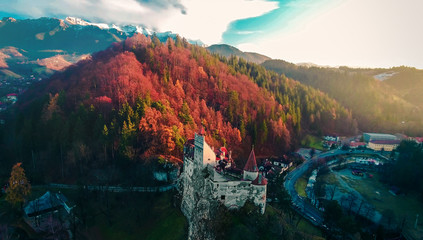 Panoramic aerial view of Bran Dracula Castle during Autumn