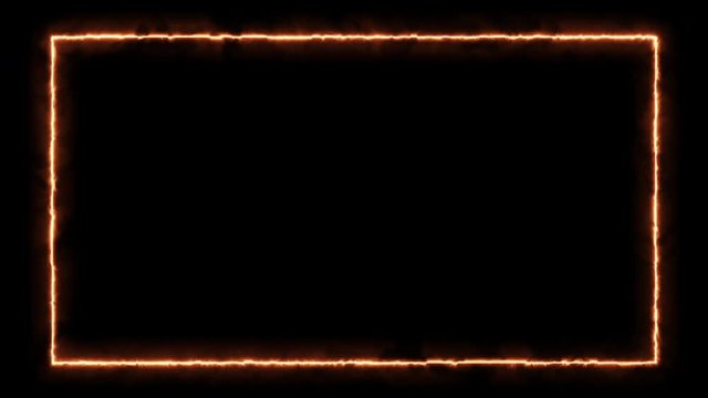 Empty frame with electric power round border glowing, burning flame sign. Blank rectangle fire with electric power around frame lights. The best stock of animation orange electric power round frame