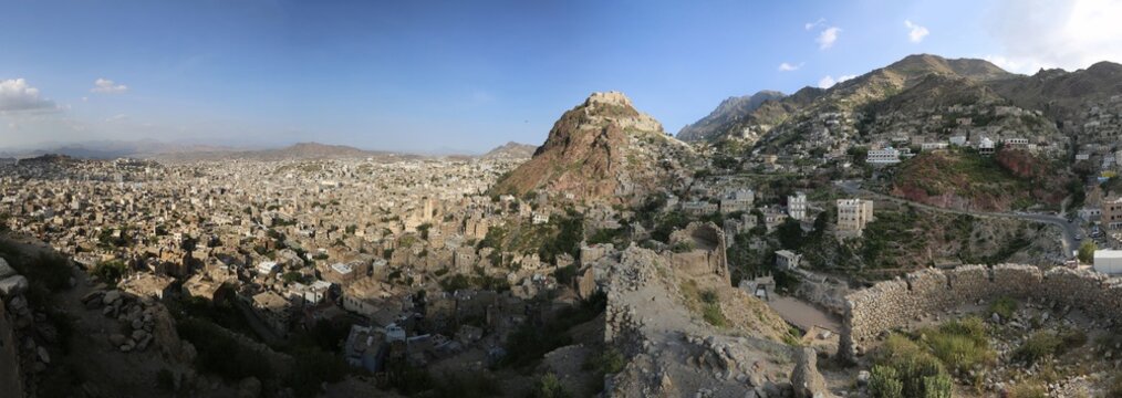 Taiz city in Yemen, from the top of the historic castle Sirajiya which also shows the historic Castle Alqahera .