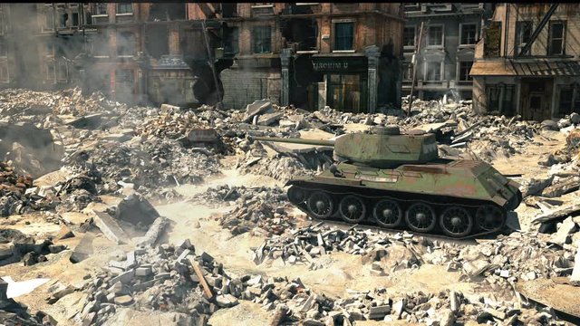 The old legendary t 34 tank on the ruins of the destroyed city shoots. Realistic 3D animation.