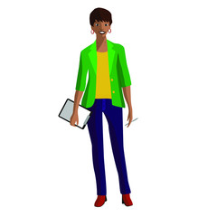 Black female office worker, student. Illustration in flat style. White isolated background.