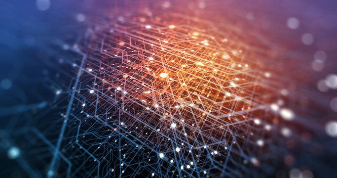 Abstract tech background made of printed circuit board. Depth of field effect and bokeh. internet connections, cloud computing and neural network, big data. 3D render