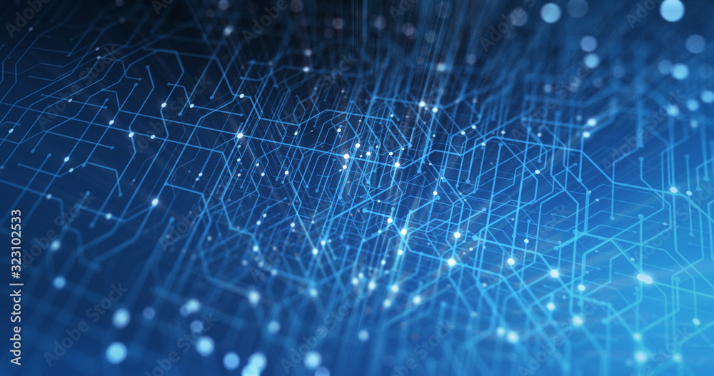 Poster Abstract Circuit board. Electronic computer hardware technology. Motherboard digital chip. matrix particles grid virtual reality. Network communication processor. Information CPU engineering 3D render