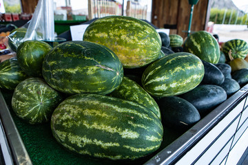 Close up shot of with fresh, oval or long shaped watermelons with dark green skin. Local market ambient in the slightly blurred background.