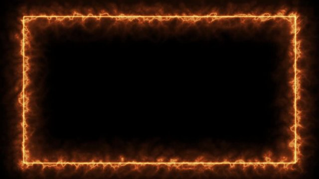 Empty frame with fire border glowing, burning flame signboard. Blank rectangle fire with flames around frame lights. The best stock of animation orange fire burning on black background