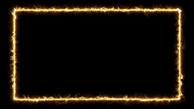 Empty frame with electric power round border glowing, burning flame sign. Blank rectangle fire with electric power around frame lights. The best stock of animation yellow electric power round frame