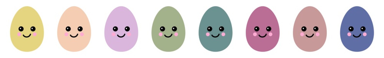 Fototapeta premium Easter Egg Cute Face Icon Pastel Color | Painted Smiling Eggs Illustration | Happy Easter Hunt Symbol | Holiday Logo | April Spring Sign | Isolated | Variations