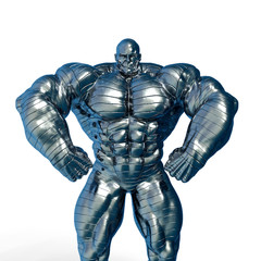 man made of steel doing a bodybuilder pose number nine close up in a white background