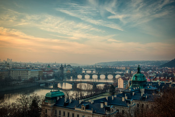Prague bridges panorama during mist morning