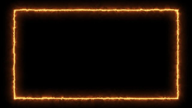Empty frame with fire border glowing, burning flame signboard. Blank rectangle fire with flames around frame lights. The best stock of animation orange fire burning on black background