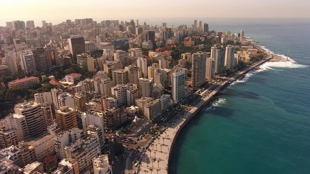 4K forward Aerial drone shot of Beirut skyline at sunrise, Aerial footage of Beirut city