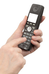 Female hand holds a phone with a blank screen, isolated on white background