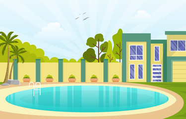 Fototapeta premium Modern House Villa Exterior with Swimming Pool at Backyard Illustration