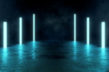 Futuristic Dirty Floor with Neon Fluorescence Lamps.