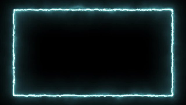 Empty frame with electric power round border glowing, burning flame sign. Blank rectangle fire with electric power around frame lights. The best stock of animation emerald, blue electric power round f