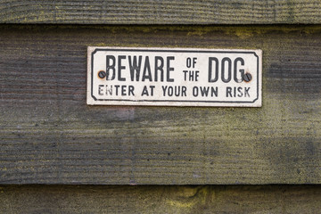 A little white and black BEWARE OF THE DOG sign on an old seamless green wooden background.