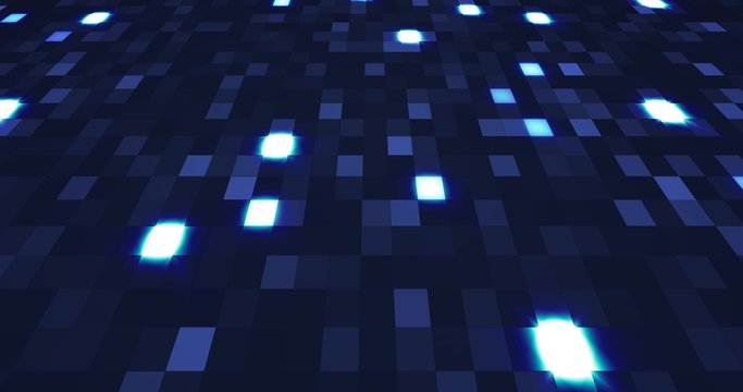 Blue neon technology background. Glittering blue poligons moving in a cyberspace.