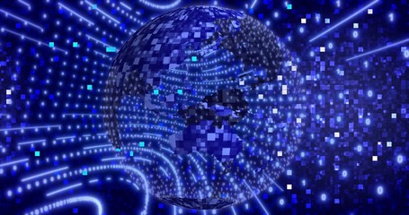 Neon Digital binary background with rotating Planet earth. animation for network, digital event. 3D illustration
